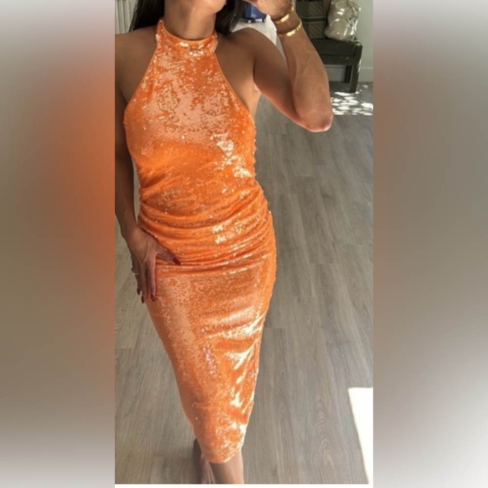 Caroline Constas Orange Sequin Midi Dress